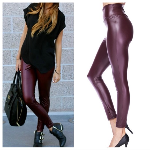 HIGH WAIST BURGUNDY FAUX LEATHER LEGGINGS - Picture 3 of 7